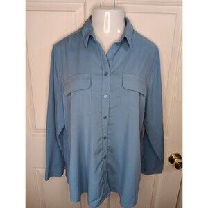 CHICO'S Button-Front Blouse Size 3 (16/18) Blue Modal Blend Long Sleeve EUC